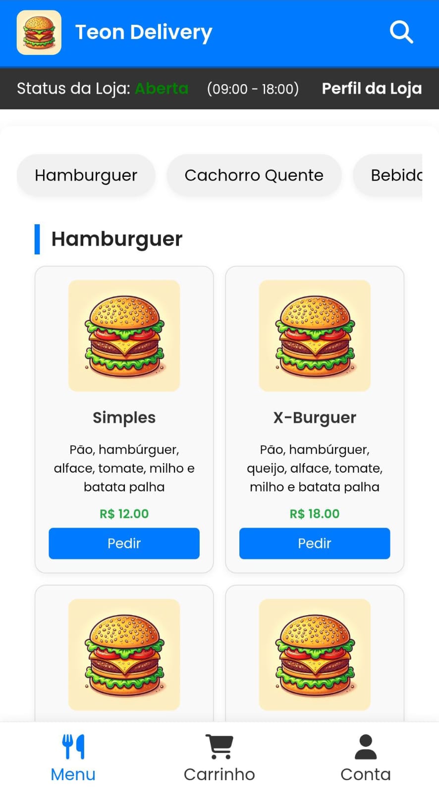 Tela inicial Teon Delivery